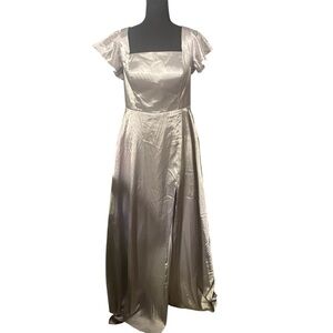 Formal Gown Dress Size 14 Silver Satin Hidden Zip Closure Back w Tie Left Slit